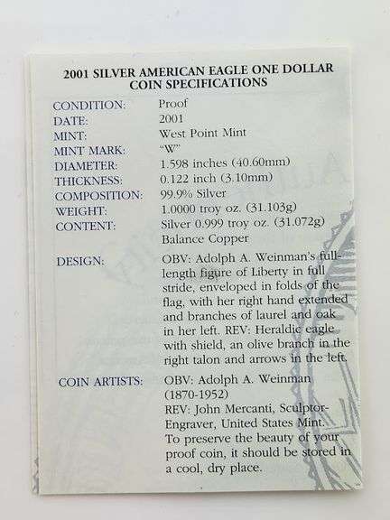 2001-W Proof American Silver Eagle, OGP