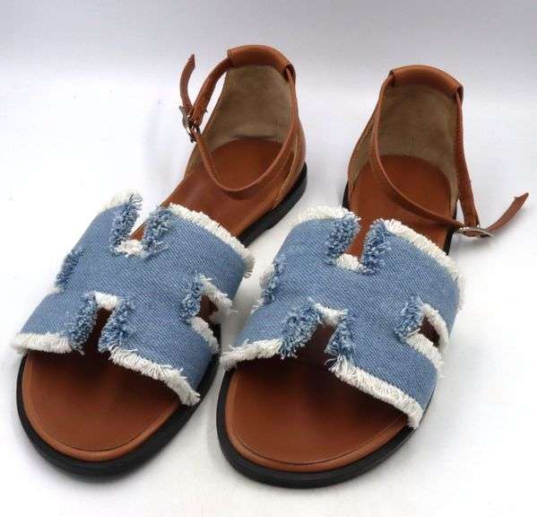 Hermes Santorini sandals in blue denim