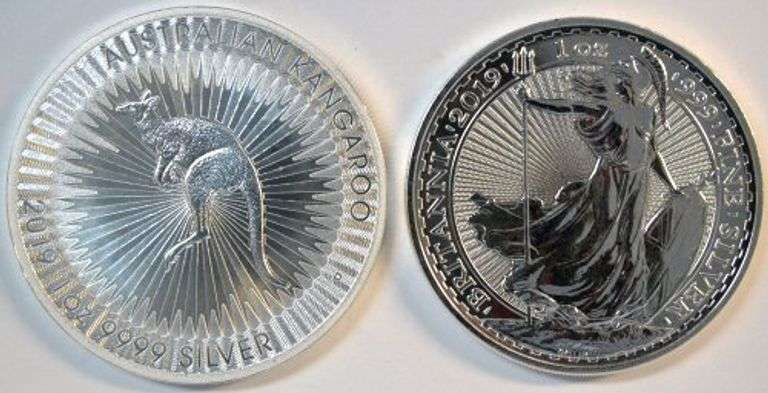 2019 Superb Gem BU pure 1 oz Silver $1 Australia Kangaroo & 2 Pound British Britannia