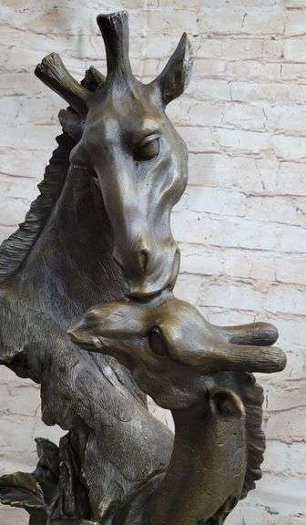 African Giraffe With Cub Bust Bronze Sculpture