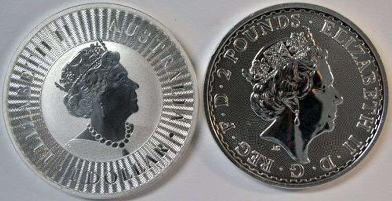 2019 Superb Gem BU pure 1 oz Silver $1 Australia Kangaroo & 2 Pound British Britannia