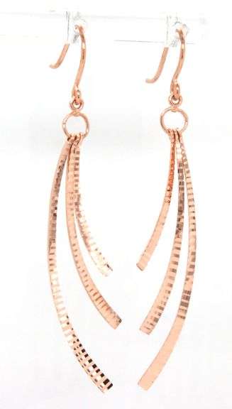14kt Rose gold diamond cut 3 curved bar dangle earrings