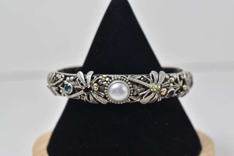 Sterling Silver Multi-Gemstone Hinged Cuff Bracelet with 10K Yellow Gold Accents