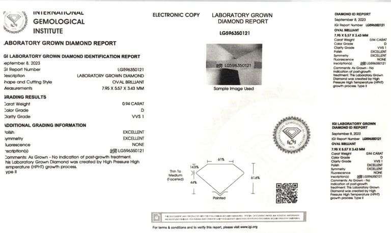 Platinum 0.94ct Lab grown oval diamond engagement ring