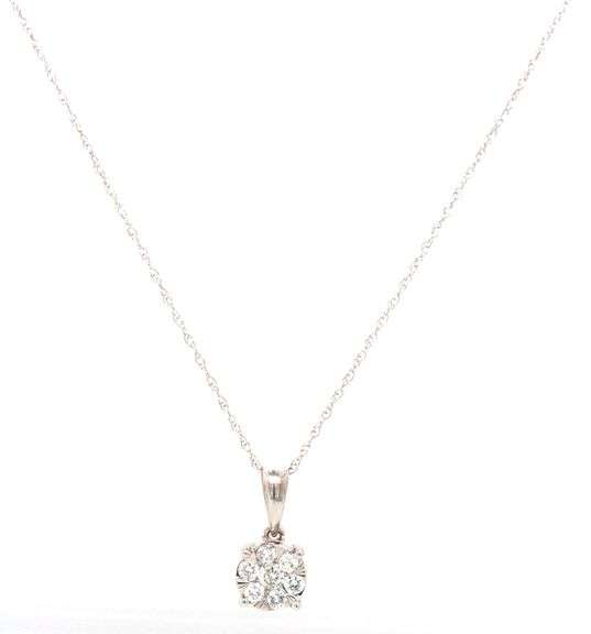 14kt White gold diamond cluster flower pendant on chain