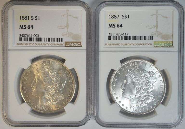 Virtual Gem BU 1881-S & 1887 Morgan Silver Dollars. NGC MS64
