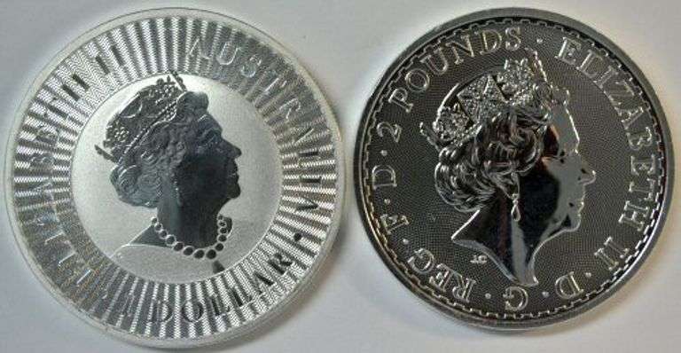 2019 Superb Gem BU pure 1 oz Silver $1 Australia Kangaroo & 2 Pound British Britannia