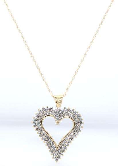 10kt Yellow gold double row open diamond heart pendant on chain