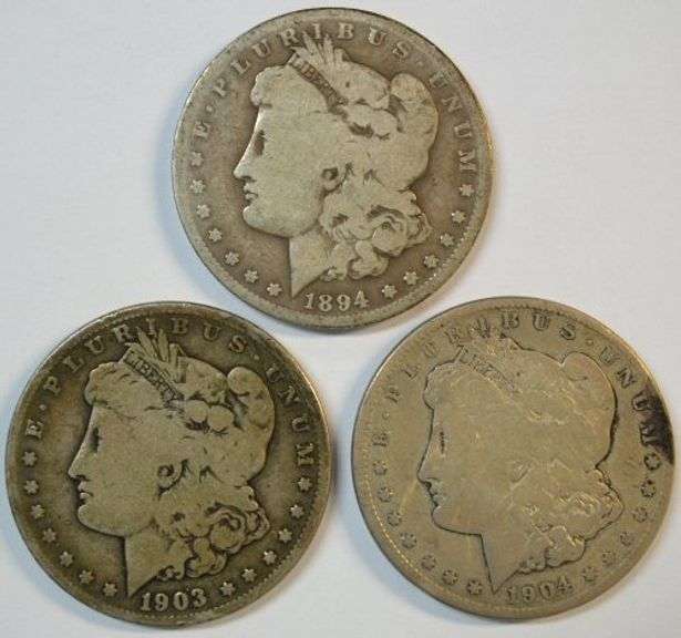 3 Rare key date 'S' Mint Morgan Silver Dollars: 94-S, 03-S, & 04-S