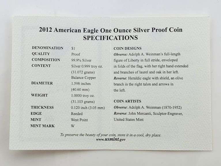 2012-W Proof American Silver Eagle, OGP