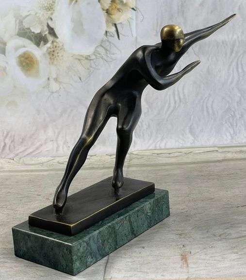 Ice Skater Bronze Sculpture on Marble Base Figurine