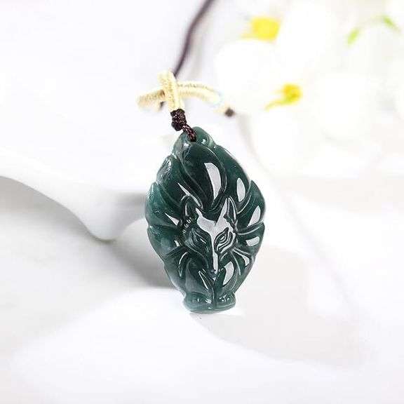 Natural Green Jade Nine Tailed Fox Pendant Amulet
