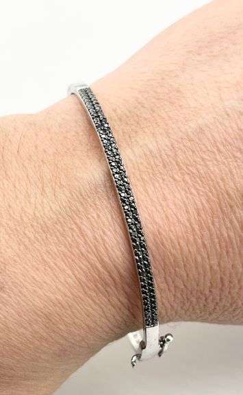 925 Sterling Silver Two Row Pave Of Black Crystal On Top Bangle