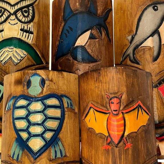 Lot of 5 Hand Carved Polynesian Tiki Masks