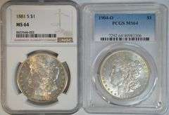 Near Gem BU 1881-S (NGC) & 1904-O (PCGS) Morgan Silver Dollars. MS64