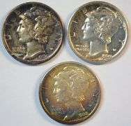 Original rainbow-toned 1930-S, 1934-P, & 1938-S Mercury Dimes in nice AU