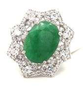Adorable 9.50CTW Oval Faceted Emerald & 2.30CTW White Sapphire Ring in Sterling Silver