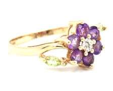 14kt Yellow gold amethyst, marquise peridot and diamond accent flower ring