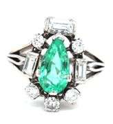 Vintage style 18kt White gold 1.41ct pear shaped emerald and diamond ring