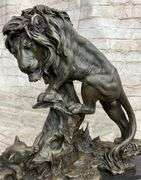 Bronze African Mountain Lion with Cub Statue Sculpture