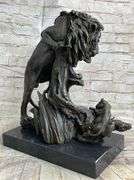 Bronze African Mountain Lion with Cub Statue Sculpture