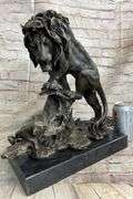 Bronze African Mountain Lion with Cub Statue Sculpture