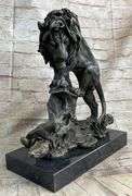 Bronze African Mountain Lion with Cub Statue Sculpture