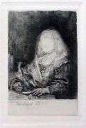 Rare Collectible Etching by Rembrandt, Man At A Desk Wearing A Cross