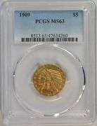 Better date Choice BU 1909 $5 Indian Gold Piece. PCGS MS63