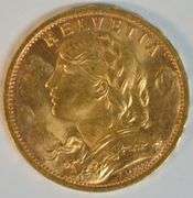 Superb Gem BU 1927 Swiss 20 Francs Gold Piece