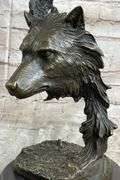 Two Wolves Head Bust Bronze Sculpture