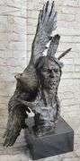 Indian Native Chief Eagle Bust Sculpture on Marble Base Statue
