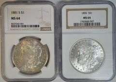 Super nice pair of NGC MS64 graded Morgan Silver Dollars: 1881-S & 1896