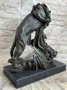 Bronze African Mountain Lion with Cub Statue Sculpture