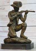 Cowboy With Gun Bullet Rifle Shooting Range Bronze Sculpture