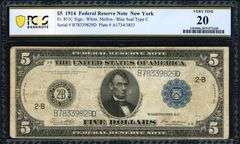1914 $5 Federal Reserve Note Fr. 851c New York White/Mellon PCGS VF 20