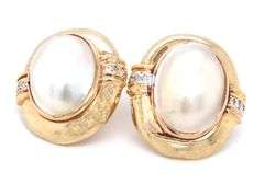 14kt Yellow gold oval Mabe pearl earrings with diamond accents