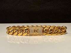 Sharp Yellow Gold Plated Monogramed Initial "R" Curb Link Bracelet