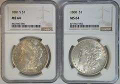Near Gem BU 1881-S & 1888 Morgan Silver Dollars. NGC MS64