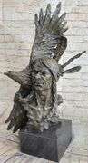 Indian Native Chief Eagle Bust Sculpture on Marble Base Statue
