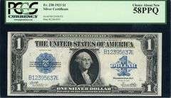 1923 Fr. 238 $1 Silver Certificate – Woods / White – PCGS Currency Choice About New 58 PPQ – Large S