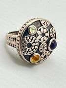 925 Sterling Silver Gear Pattern Beatiful Color Stone Industrail Look Ring