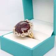 Glittering Huge 34.17CTS Round Cabochon-Cut Ruby & 1.41CTW Round Faceted Colorless Sapphire Ring in 