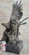 Indian Native Chief Eagle Bust Sculpture on Marble Base Statue