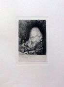 Rare Collectible Etching by Rembrandt, Man At A Desk Wearing A Cross