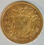 Superb Gem BU 1908 Swiss 20 Francs Gold Piece