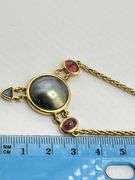 18KT Yellow Gold Center Round Gray Pearl Flanked By Two Oval Pink Tourmaline And Blue Topaz Dangling