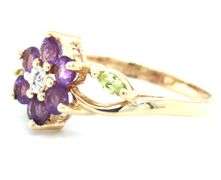 14kt Yellow gold amethyst, marquise peridot and diamond accent flower ring
