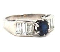 Blue sapphire and baguette diamond cocktail ring in Platinum