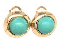 14kt Yellow gold round turquoise omega back earrings